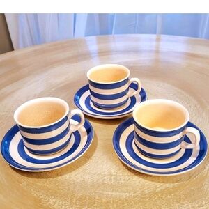RARE VINTAGE ~ T.G. GREEN Blue and White Striped Teacup Set ~3 CUPS & SAUCERS